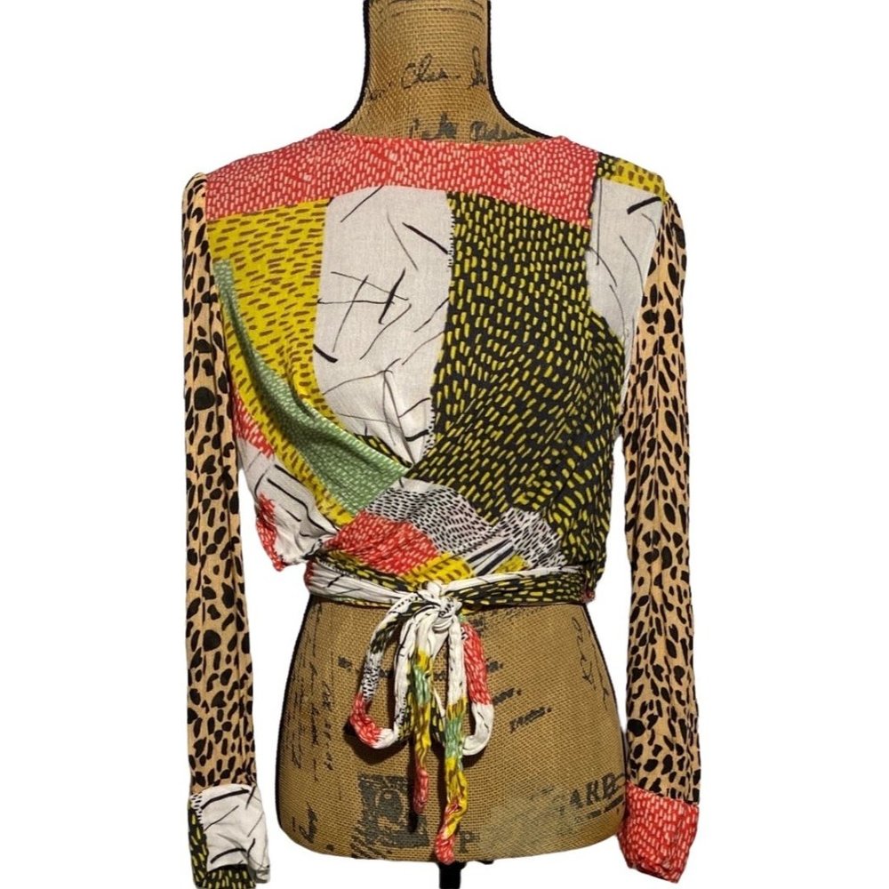Blank London Petite S Top Wrap Blouse Multicolor Patchwork Print Crop Open Back
